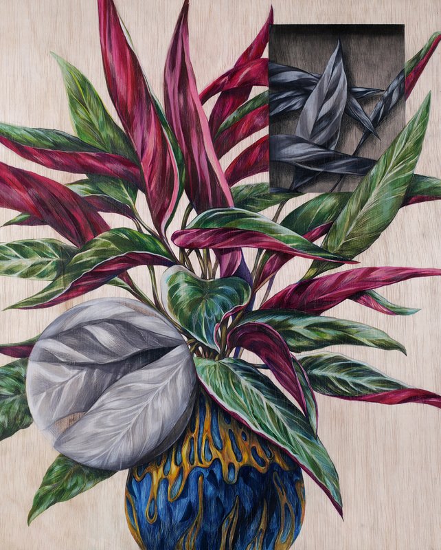 Detailed colored pencil drawing on wood panel of a tropical houseplant with dramatic red and green leaves in a blue and gold drip-glaze vase, with a framed grayscale leaf detail inset in the upper right corner.