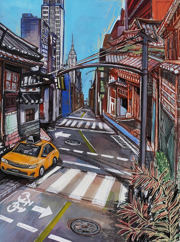 Mixed media urban painting depicting a surreal street scene merging Korean traditional hanok architecture with New York City skyscrapers, featuring a yellow taxi cab, crosswalk, and traffic signals under a bright blue sky.