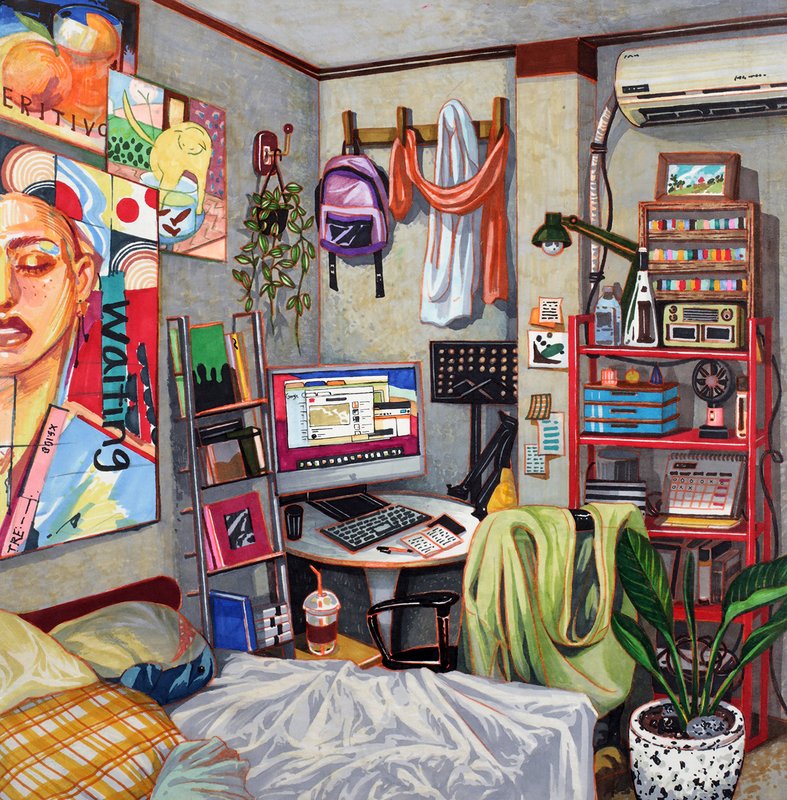 Detailed acrylic painting of a cluttered Korean young adult bedroom and workspace featuring a computer desk, red shelving unit packed with objects, hanging bags, houseplants, unmade bed, and colorful artworks on the wall.