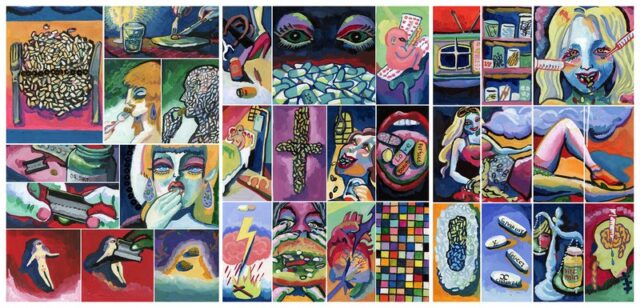 pf_upload 2-94 Series of twenty-five small gouache paintings exploring themes of pharmaceutical culture and consumerism, depicting pills, syringes, mouths, brand logos, and body fragments in bold flat colors across a large grid installation.