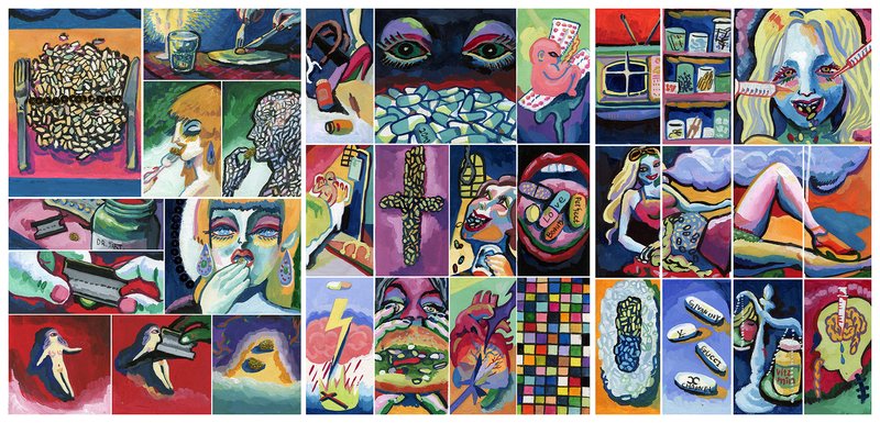 Series of twenty-five small gouache paintings exploring themes of pharmaceutical culture and consumerism, depicting pills, syringes, mouths, brand logos, and body fragments in bold flat colors across a large grid installation.