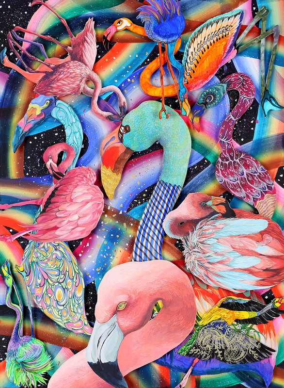 Series of twenty-five small gouache paintings exploring themes of pharmaceutical culture and consumerism, depicting pills, syringes, mouths, brand logos, and body fragments in bold flat colors across a large grid installation.