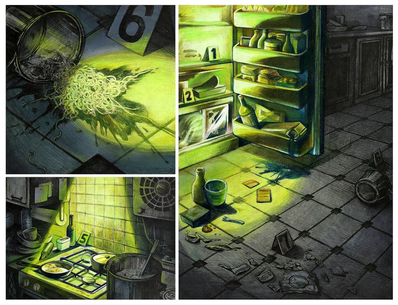 Three-panel mixed media illustration of a dark crime scene kitchen rendered in eerie yellow-green tones, depicting spilled noodles with evidence markers, a cluttered stove, and an open refrigerator with scattered items on the floor.