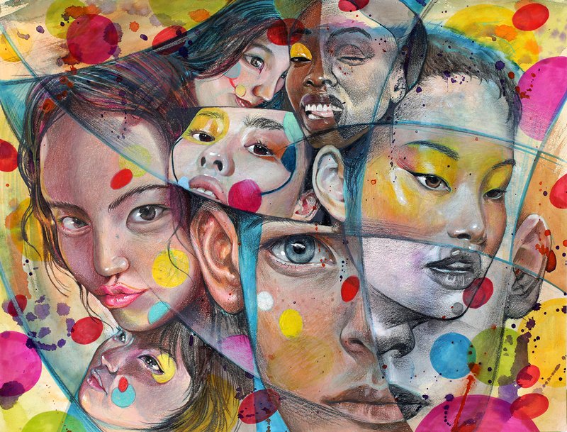 Mixed media portrait artwork featuring multiple fragmented faces of diverse young people overlapping across geometric planes, with vibrant watercolor splashes of pink, yellow, blue, and red dots scattered throughout the composition.