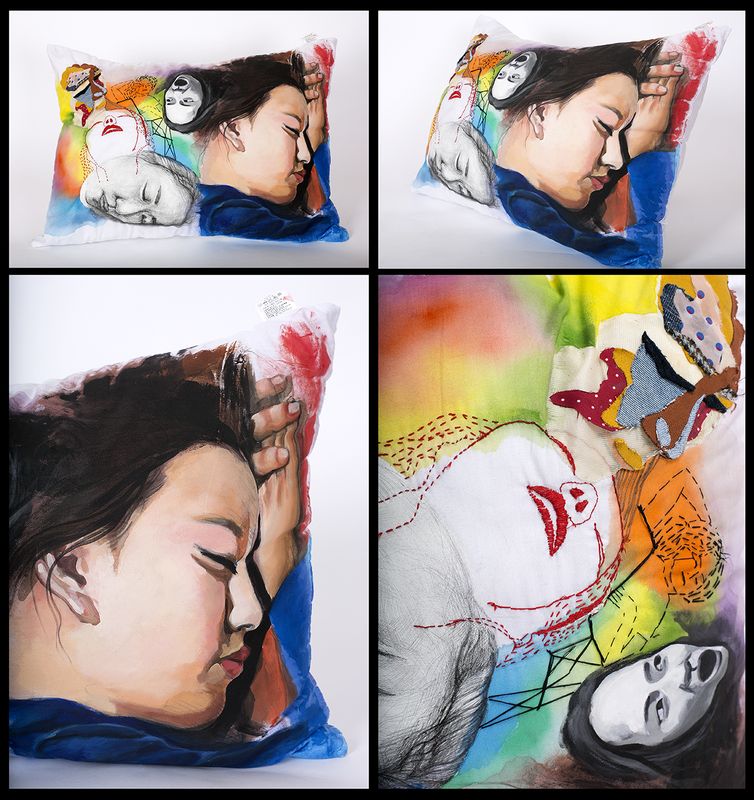 A grid of six mixed-media illustrations depicting figures with headphones in various poses, combining realistic portraiture with abstract colorful backgrounds in blue, orange, and green