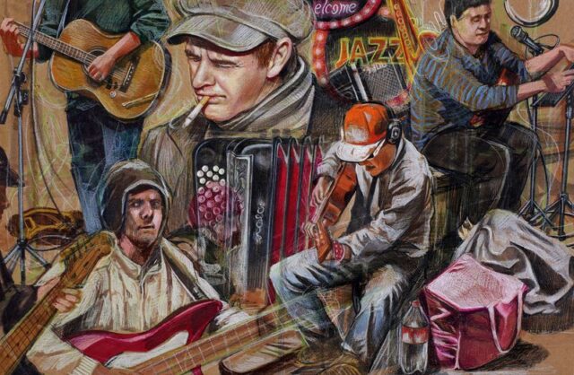 royalblue_calarts_007 A narrative figurative painting depicting multiple male figures in working-class or historical attire engaged in labor or daily activity, rendered in warm earthy tones with detailed facial expressions