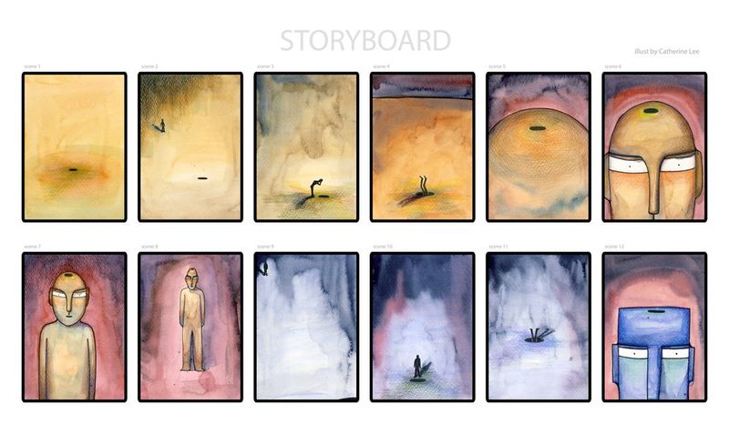 Photograph of a storyboard layout sheet showing a grid of small thumbnail sketches in warm yellow and orange tones, used for animation or visual narrative planning at a Royal Blue studio