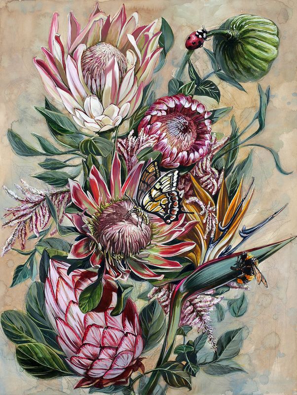A lush botanical painting of a large protea flower surrounded by tropical leaves and smaller blooms, rendered in warm pinks, corals, and greens with detailed naturalistic brushwork