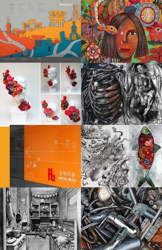 A collage of student artwork samples including portraits, still lifes, and mixed-media works displayed in a grid, representing a portfolio overview of Royal Blue Art and Design studio