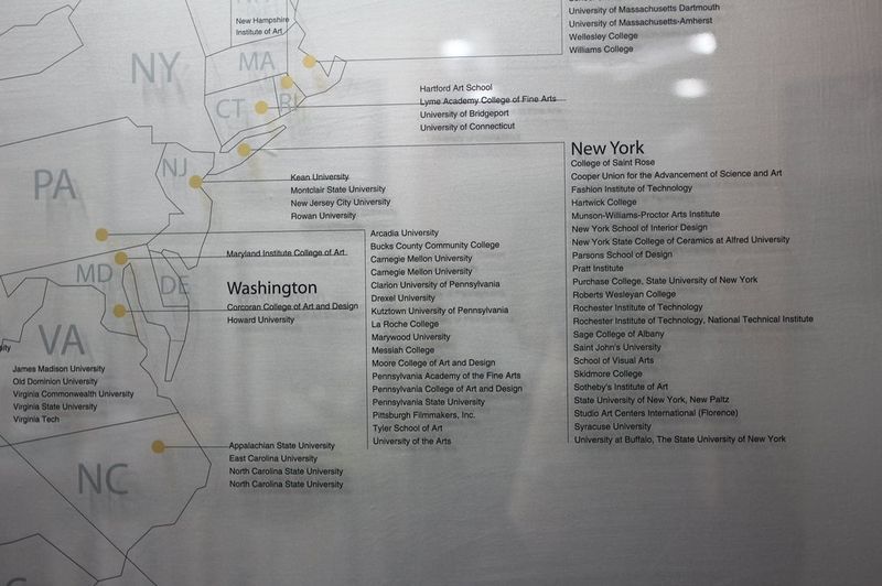 Map of US art schools on the East Coast including Parsons, Carnegie Mellon, MICA and other top programs