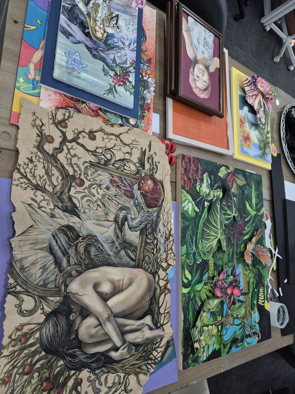 Student artwork displayed on studio wall at Royal Blue Art & Design, Apgujeong Seoul - illustration and painting portfolio