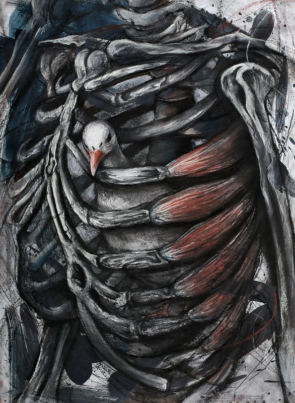 A hyper-realistic charcoal or oil painting of an exposed human torso depicting anatomical musculature and rib cage with dramatic dark tones and vivid red accent highlights