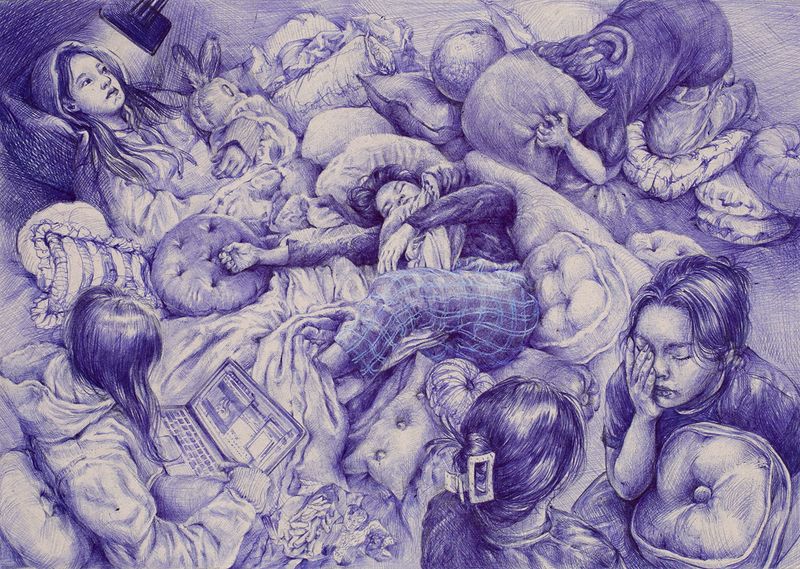 A detailed ballpoint pen or fine-line illustration on purple-toned paper depicting multiple intertwined female figures in a dense, intricate composition with classical reference to Baroque figure drawing