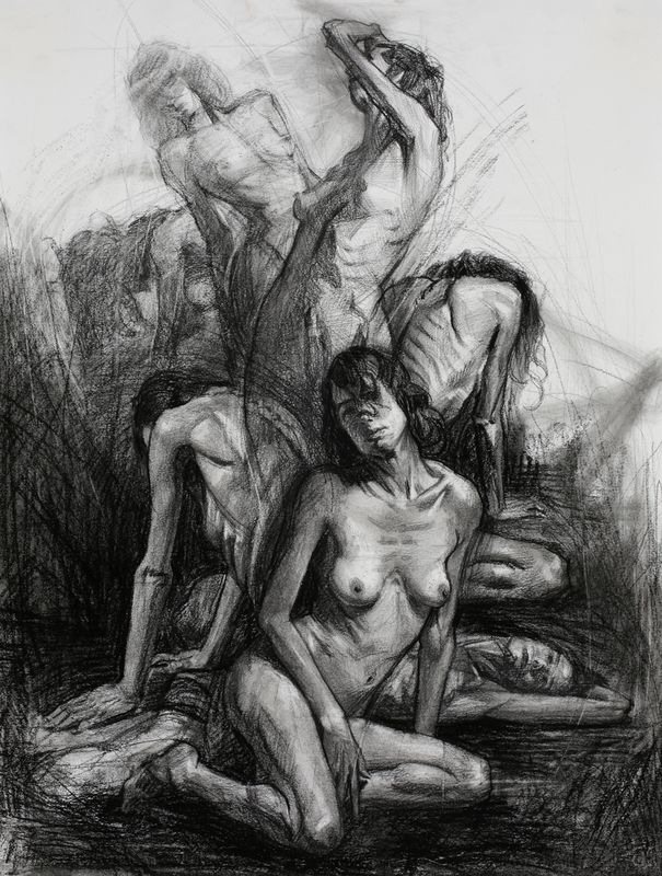 A charcoal figure study depicting two seated nude female figures in a contemplative pose, rendered with soft blended tones and strong anatomical observation on a light background