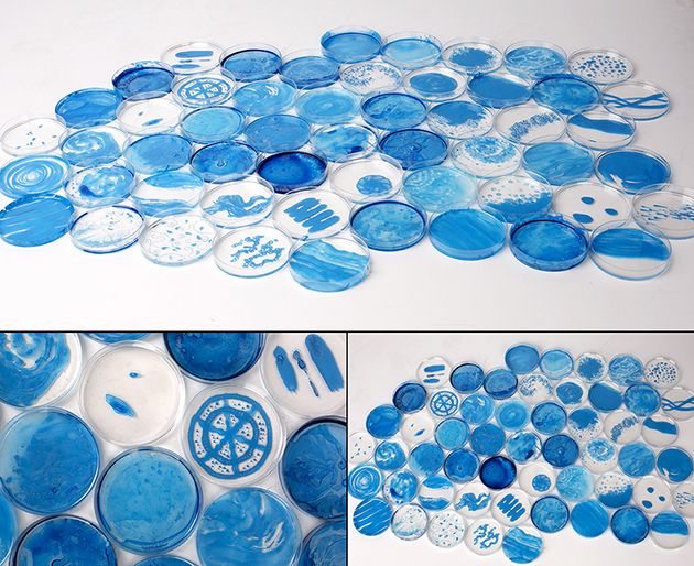 A series of photographs and illustrations showing circular blue ceramic or glass disc objects in various sizes, some painted with patterns, displayed against white backgrounds and shown in detail views