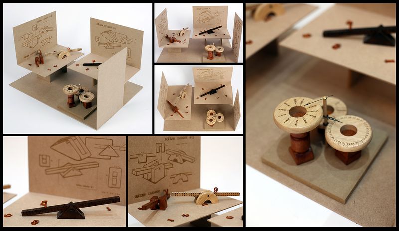 A product or industrial design portfolio showing wooden modular furniture or object components including small boxes, curved pieces, and cylindrical forms arranged and photographed on a neutral background